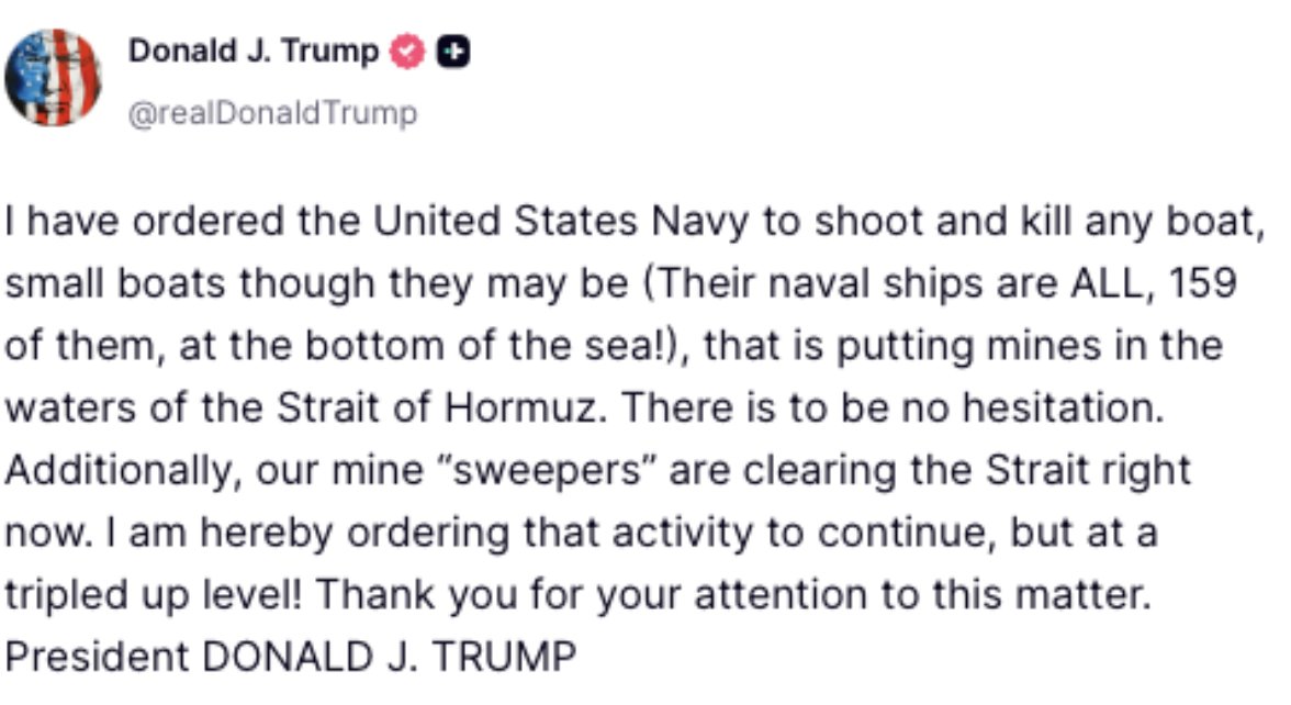 Trump Orders Navy to Destroy Iranian Boats Mining Strait of Hormuz