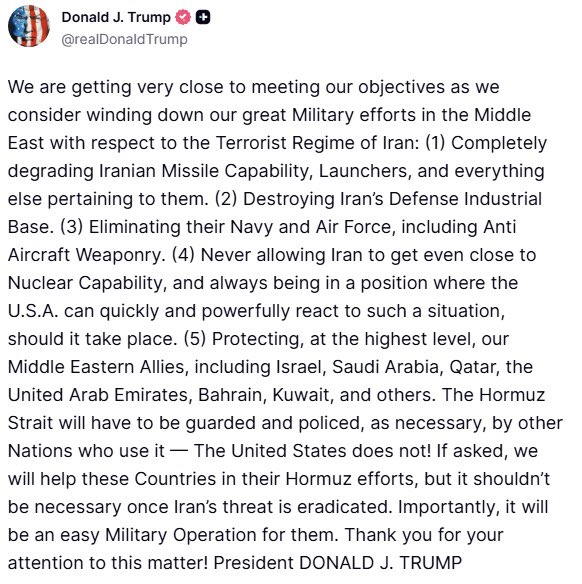 Trump Posts on Truth Social About State of War With Iran