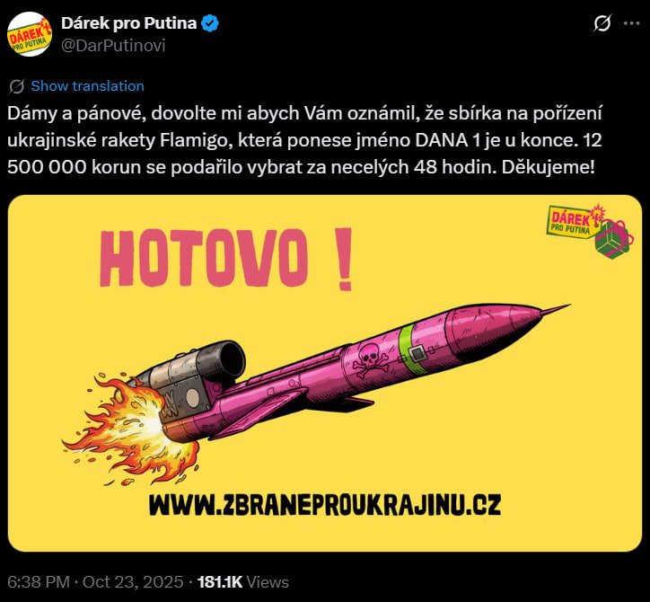 Czech initiative raises over CZK 12.5M for Flamingo missile for AFU in under 48 hours