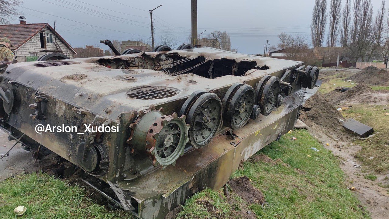 Destroyed Russian BMD-2 IFV flipped by mine in Kyiv oblast