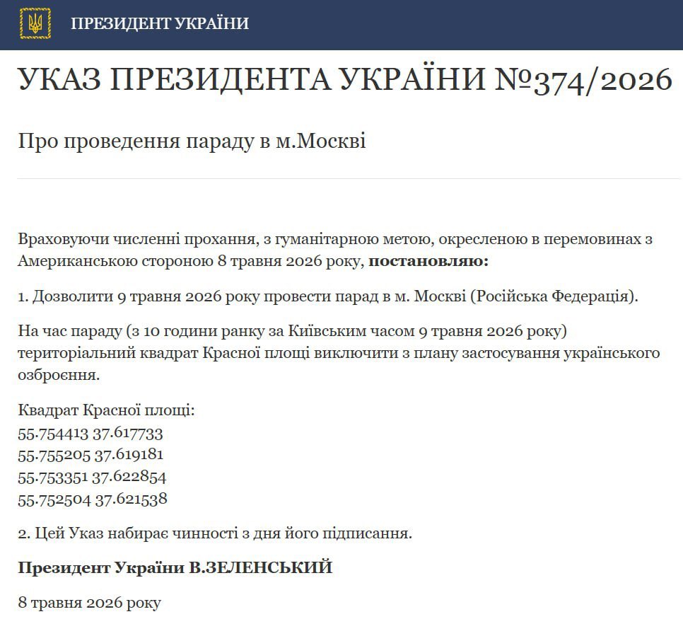 Ukraine allows Russian parade on May 9 per Zelensky decree