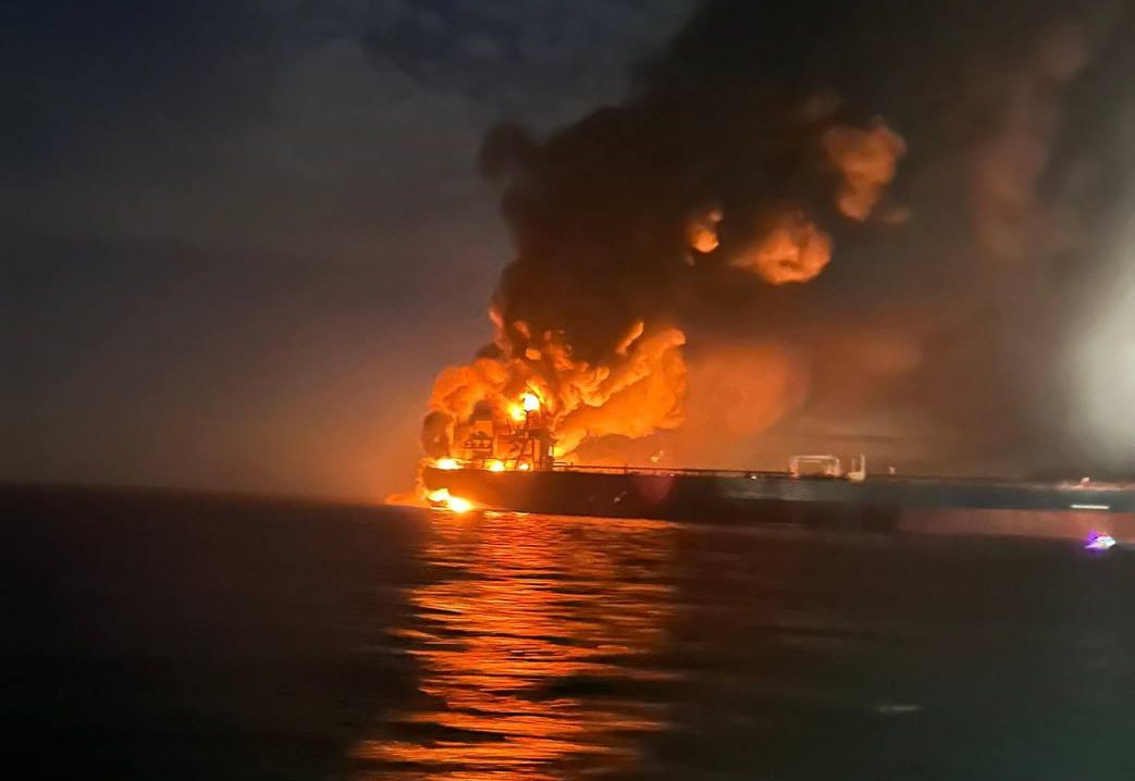 Photo of burning Russian shadow fleet tanker in Black Sea