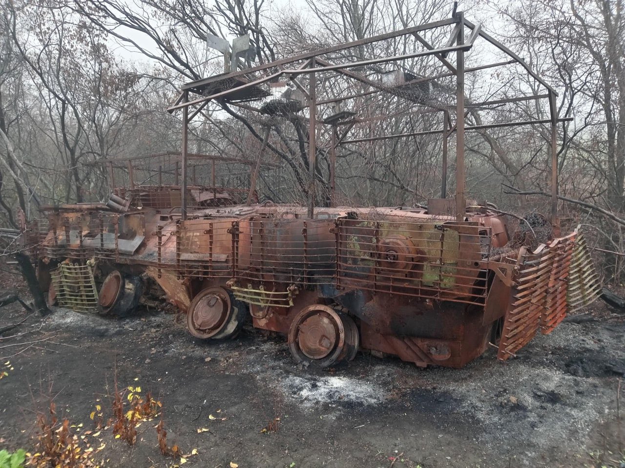 Destroyed Russian BTR-70M on the front