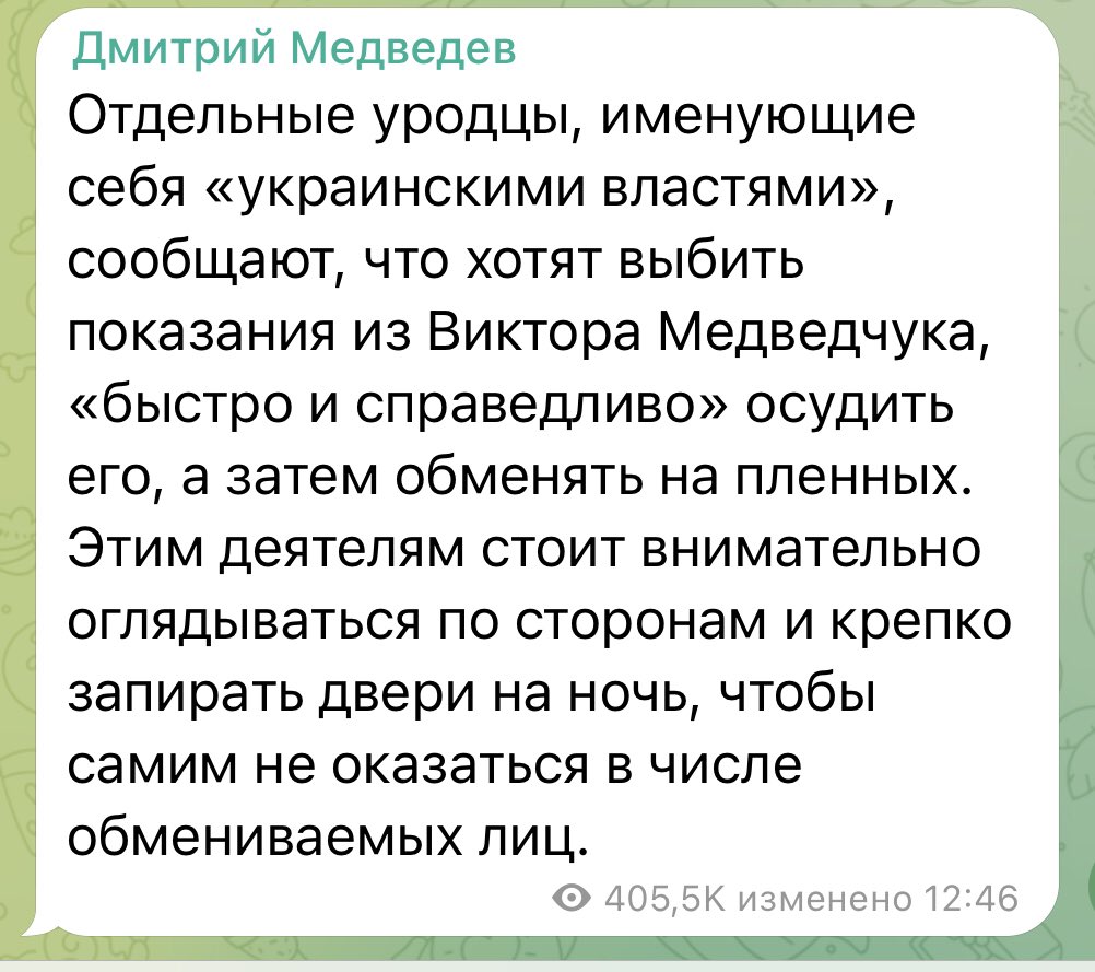 Medvedev announces kidnapping of Ukrainian politicians in retaliation for arrest of Medvedchuk