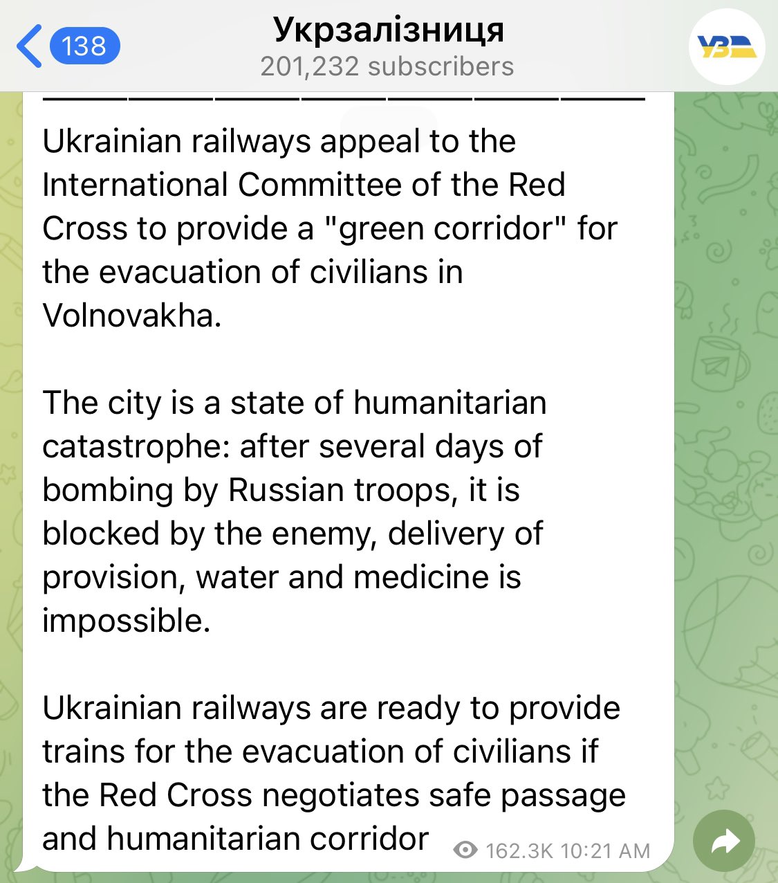 Evacuation of Volnovakha residents requested by Red Cross