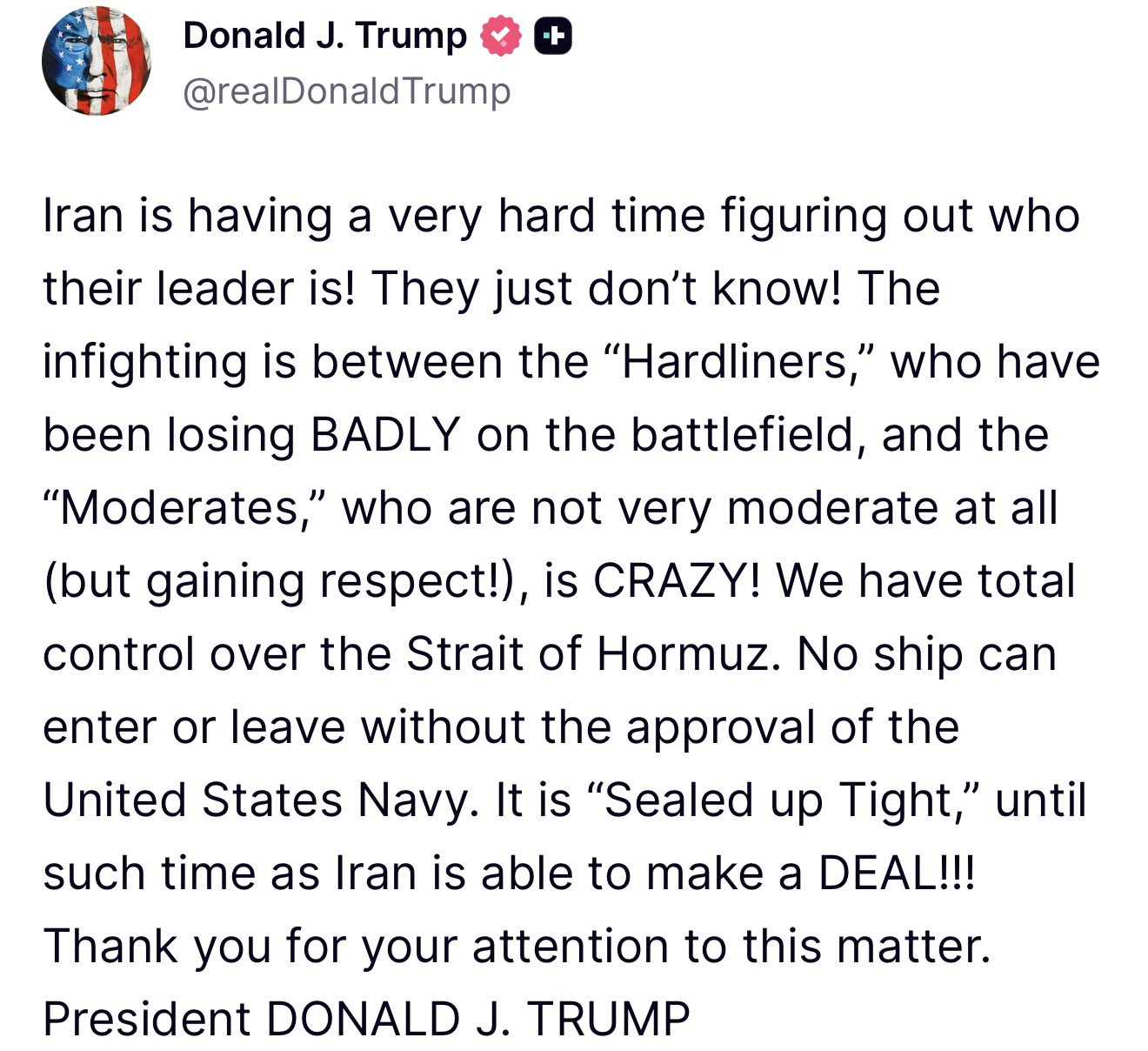 Trump Cites Iranian Leadership Infighting as Deal Obstacle