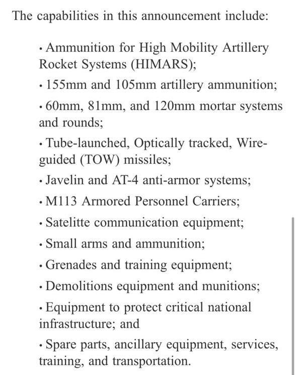 US $400M military aid list for Ukraine