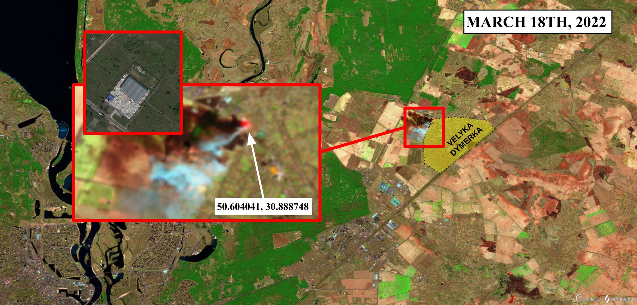 Satellite images show warehouse fire near Velyka Dymerka, close to Kyiv