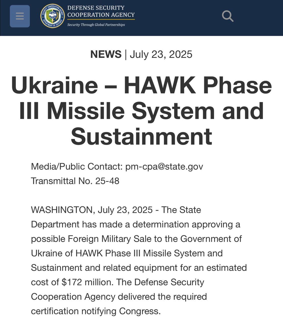 US approves sale of two military aid packages to Ukraine for $322 million