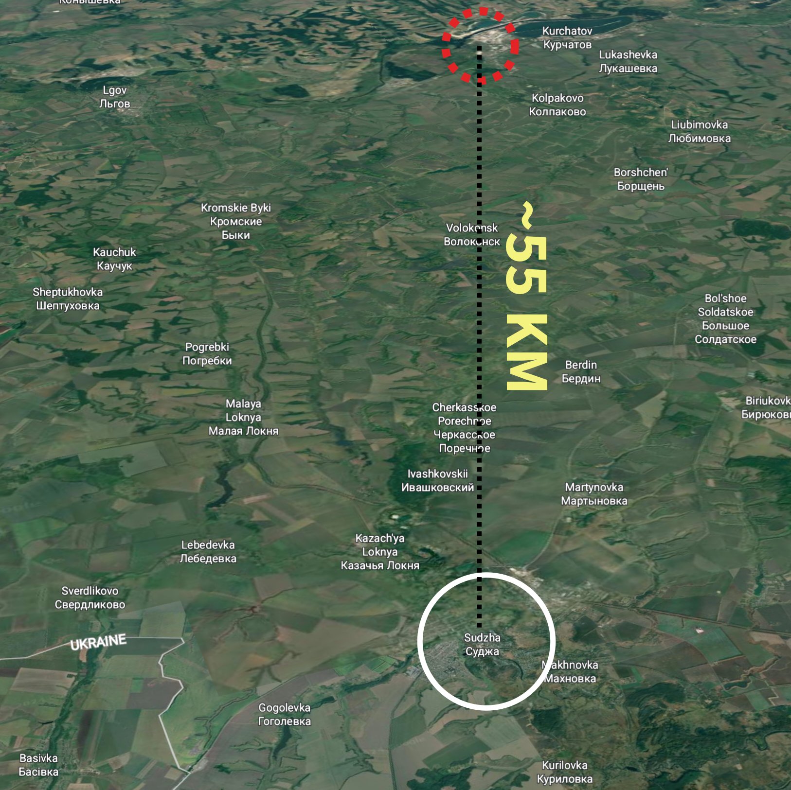 Sudzha within 55 km of Kursk nuclear plant