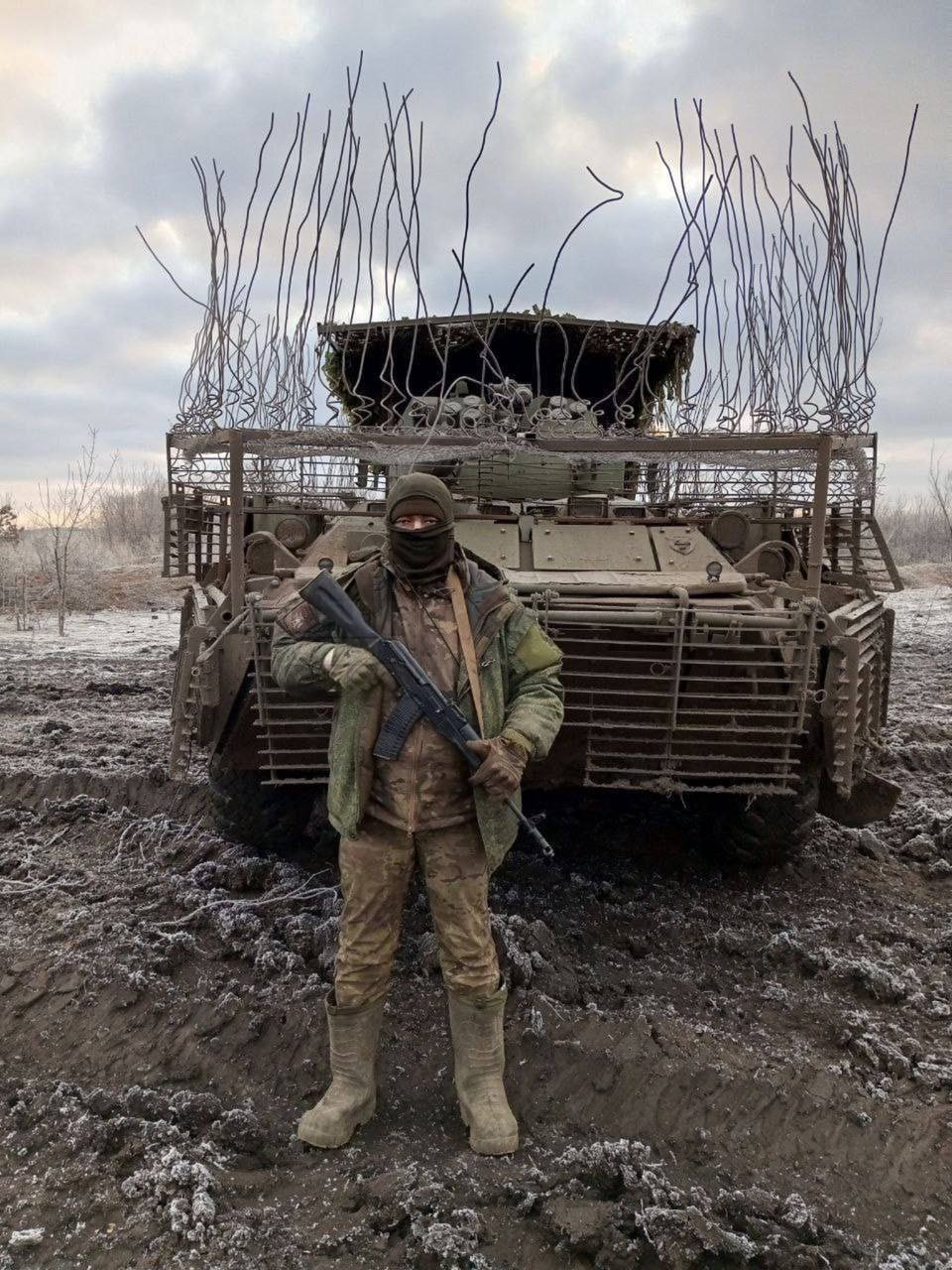 Russian BTR-82A with homemade anti-drone protection