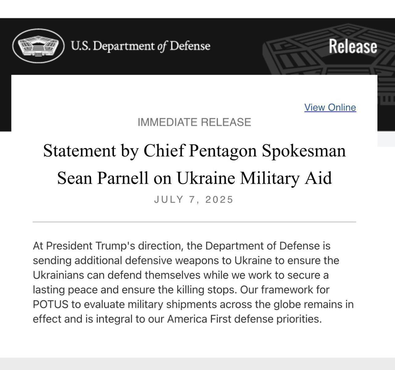 President Trump: sending more defensive weapons to Ukraine