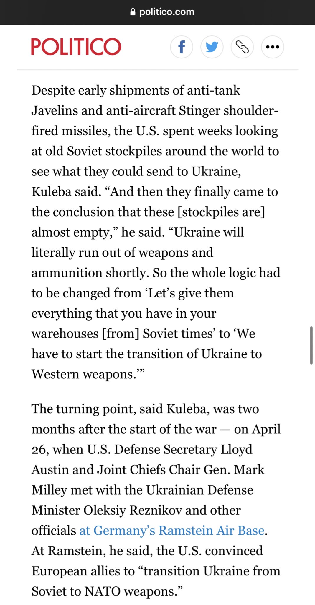 Ukraine FM: Soviet/Russian ammo is disappearing or already used up, per Kyiv visit.