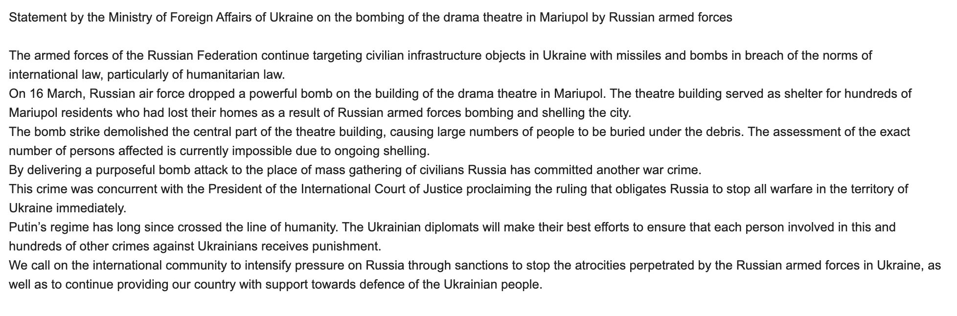 Affirmation of the Russian attack on Mariupol theater (translated)