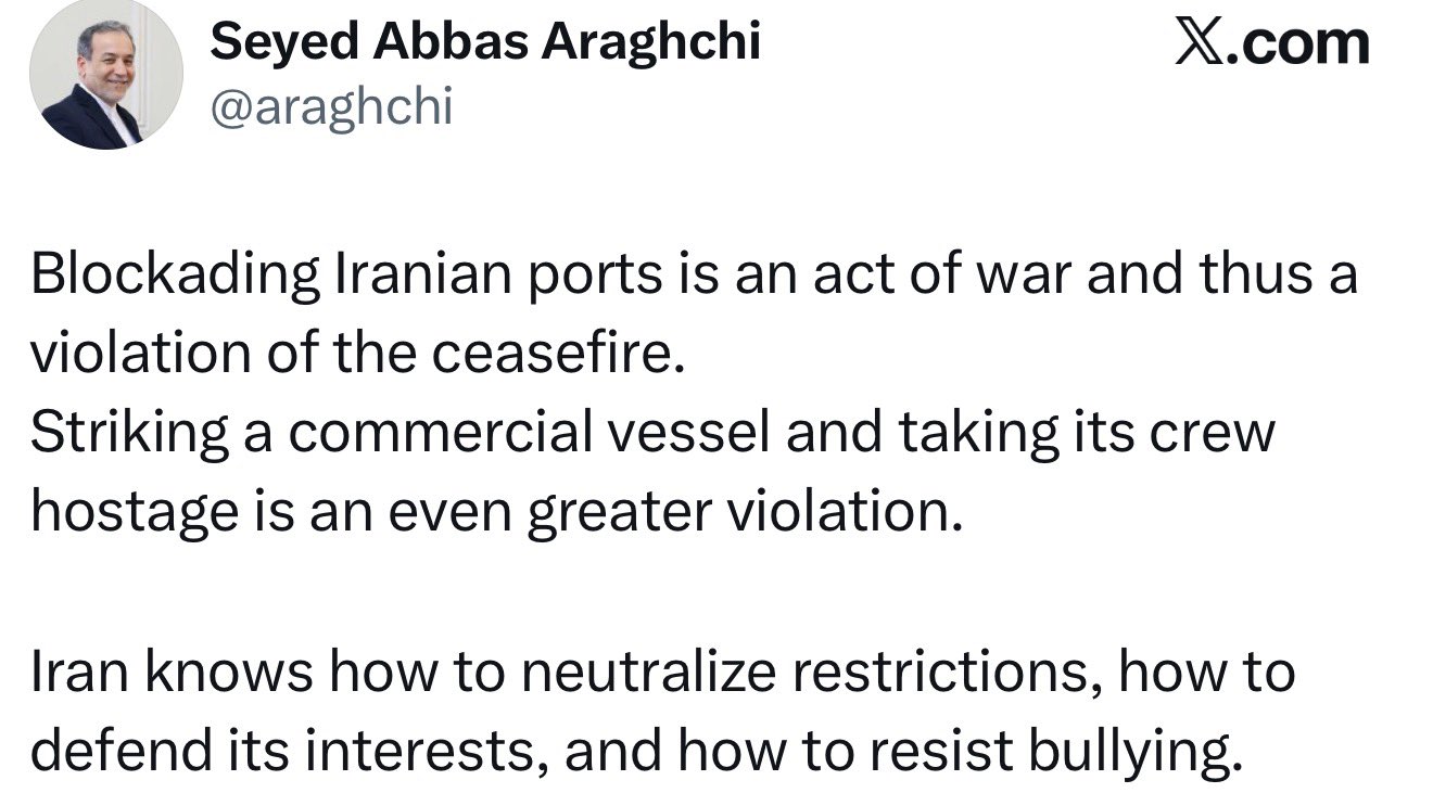 Iran Warns Port Blockade Is Act of War, Ceasefire Violation