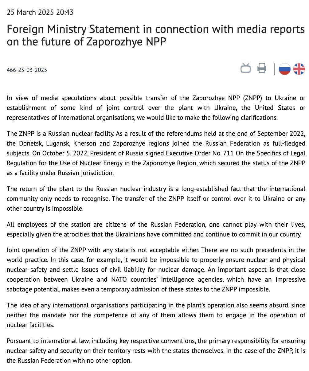 Russia claims Zaporizhzhya NPP is Russian after Trump’s control negotiation proposal