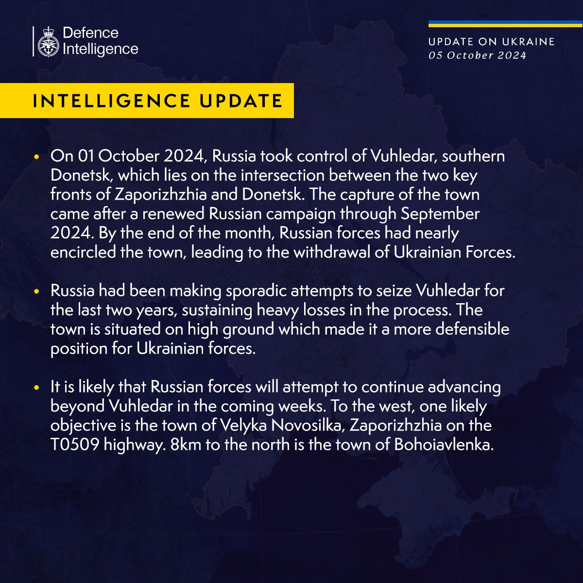 Russia may target Velyka Novosilka after Vuhledar capture, UK MoD reports
