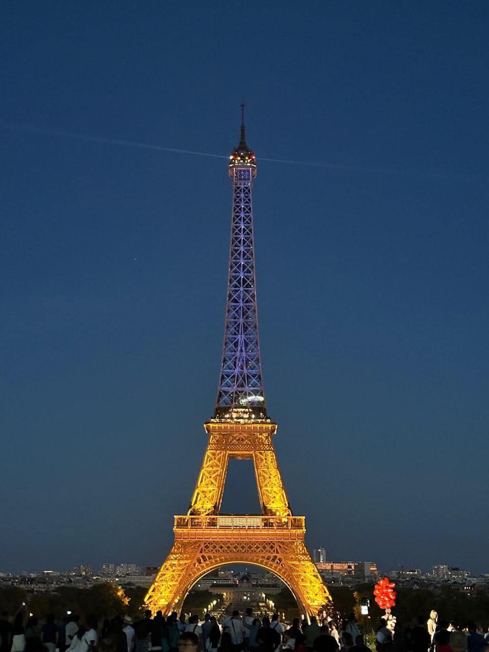 Eiffel Tower illuminated in Ukrainian flag colors on August 24th