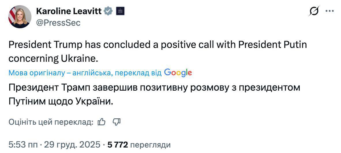 Trump and Putin discuss Ukraine in “positive call”, White House reports