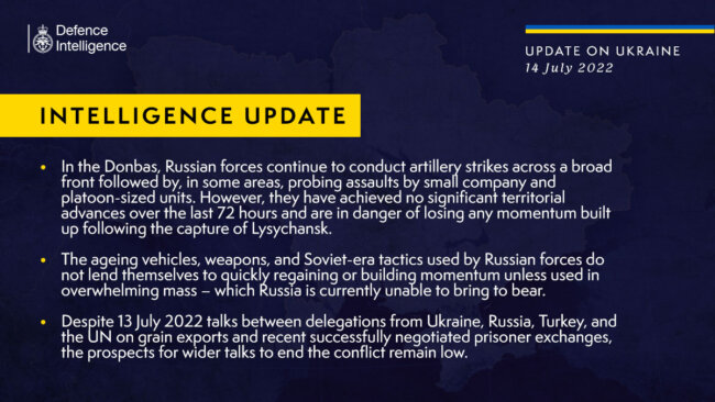 British Defense Intelligence Ukraine Update July 14 2022