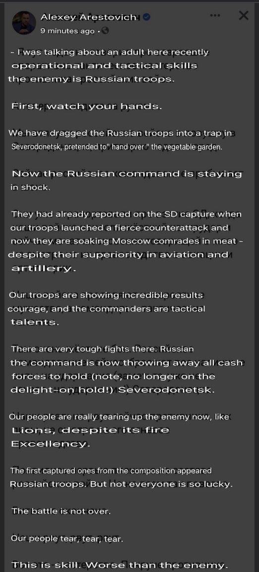Arestovich reports UA counterattack/trap in Severodonetsk, not fully reliable
