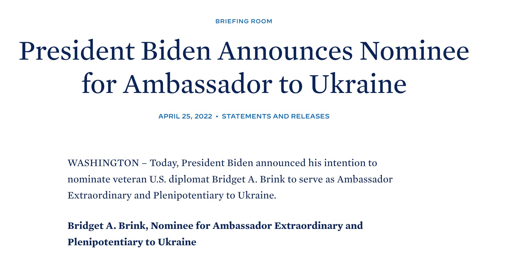 Biden nominates Bridget Brink as new US Ambassador to Ukraine