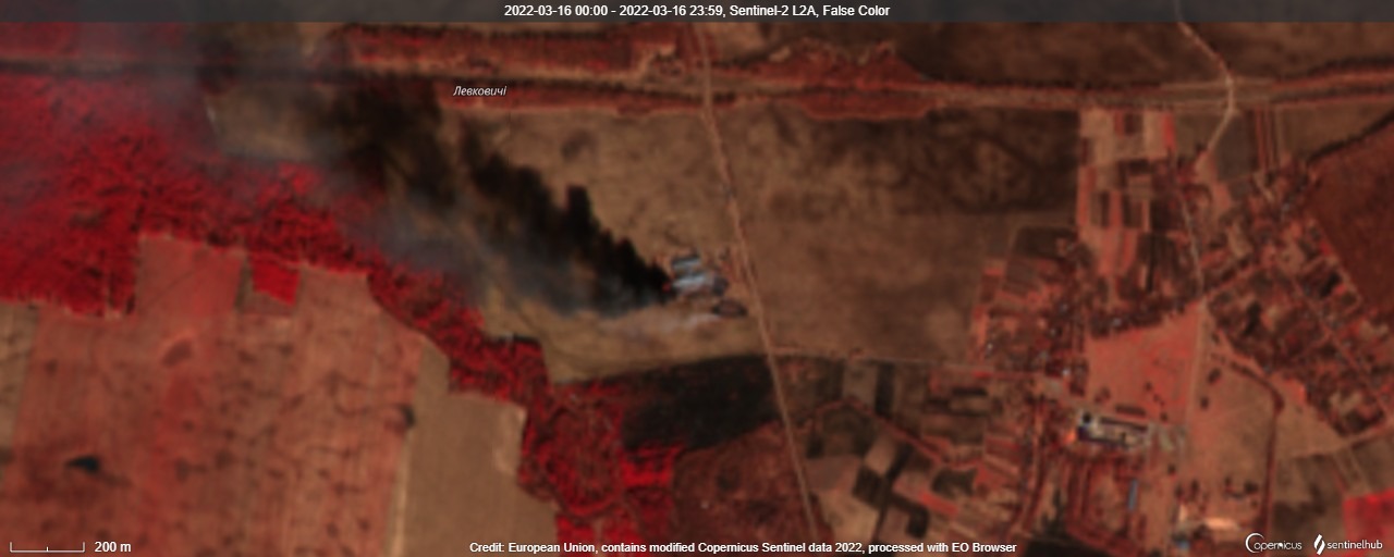 Russian equipment on fire seen in Sentinel imagery