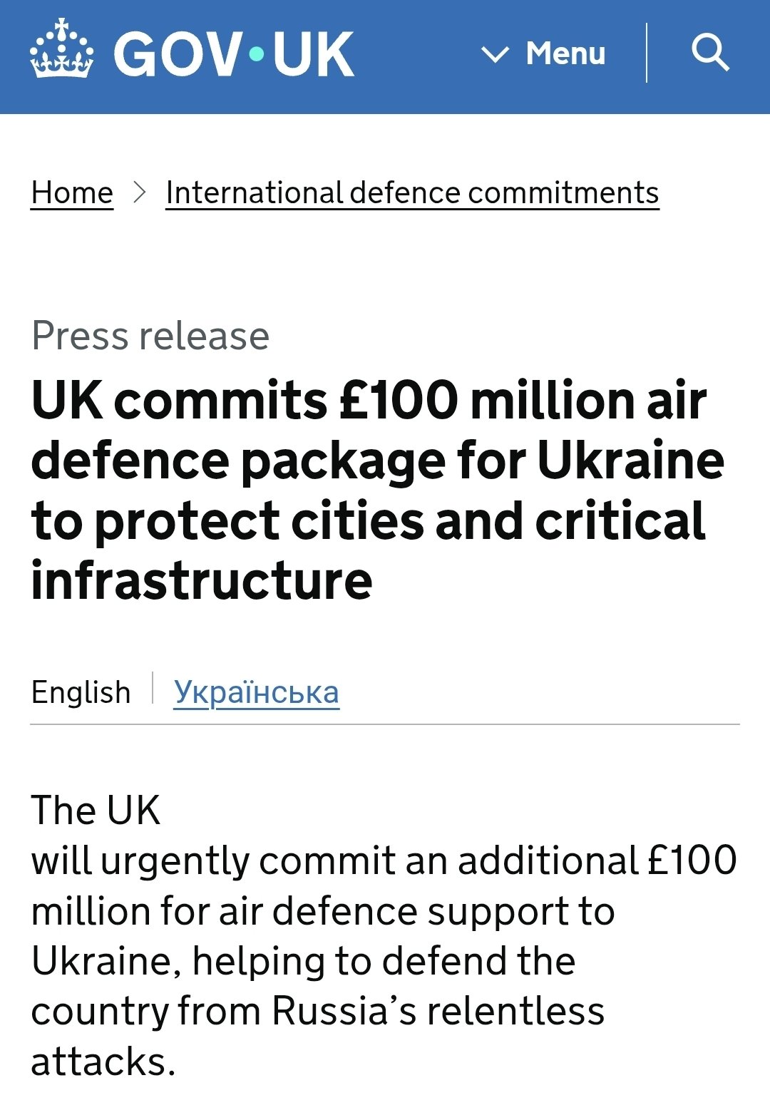 UK Allocates £100M to Ukraine for Air Defense, Total £600M