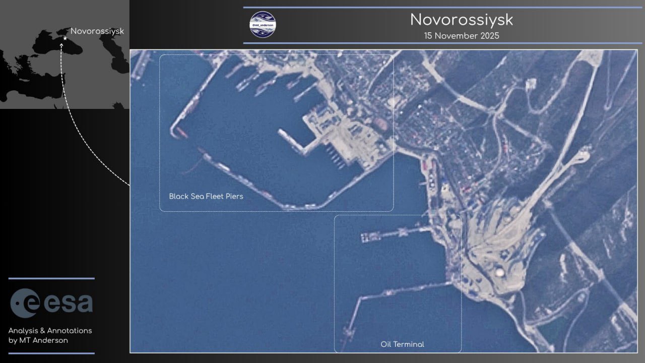 Satellite images confirm Novorossiysk port operations suspended, no commercial vessels detected.