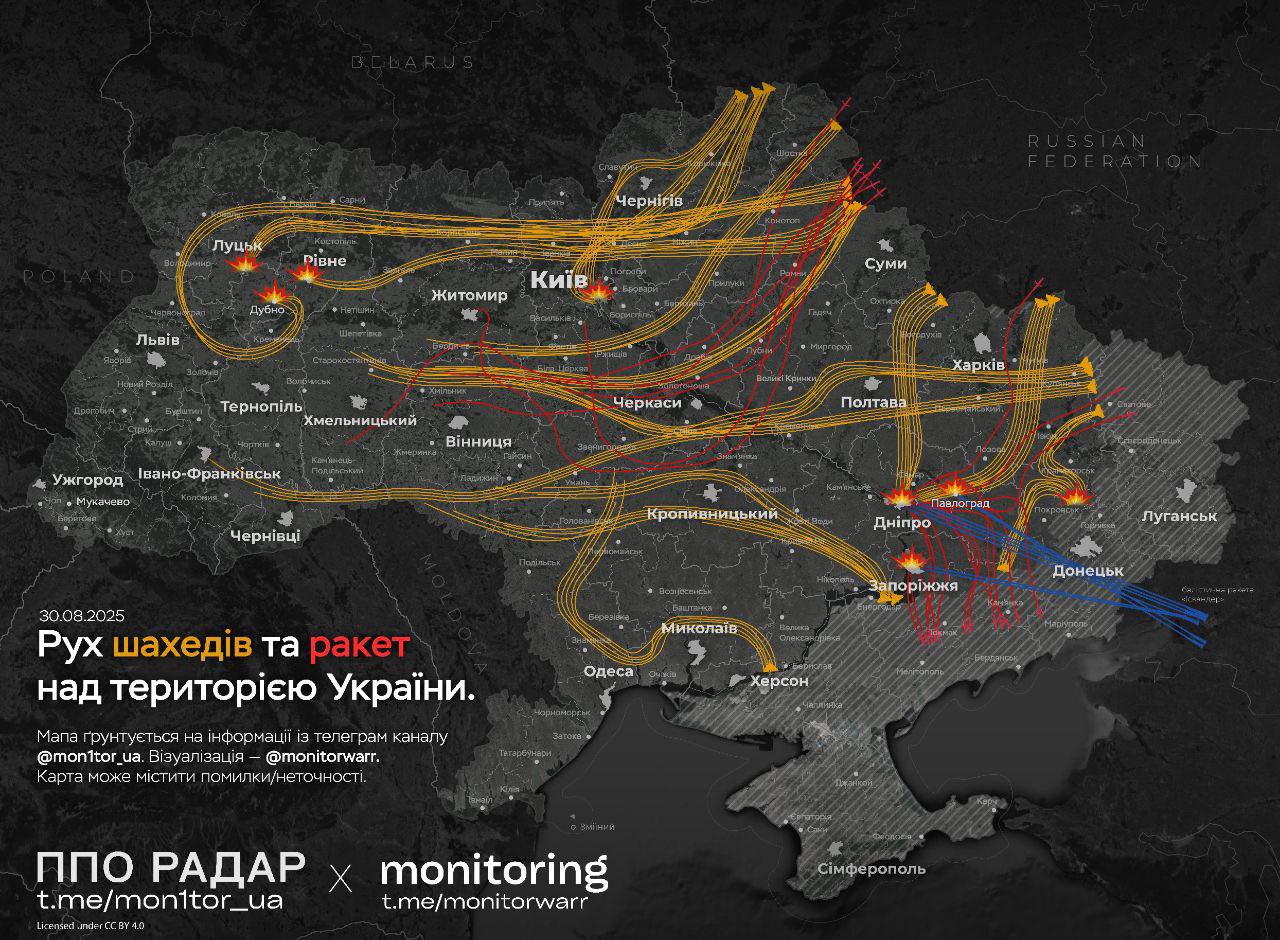 Approximate trajectories of Russian missiles and UAVs at night