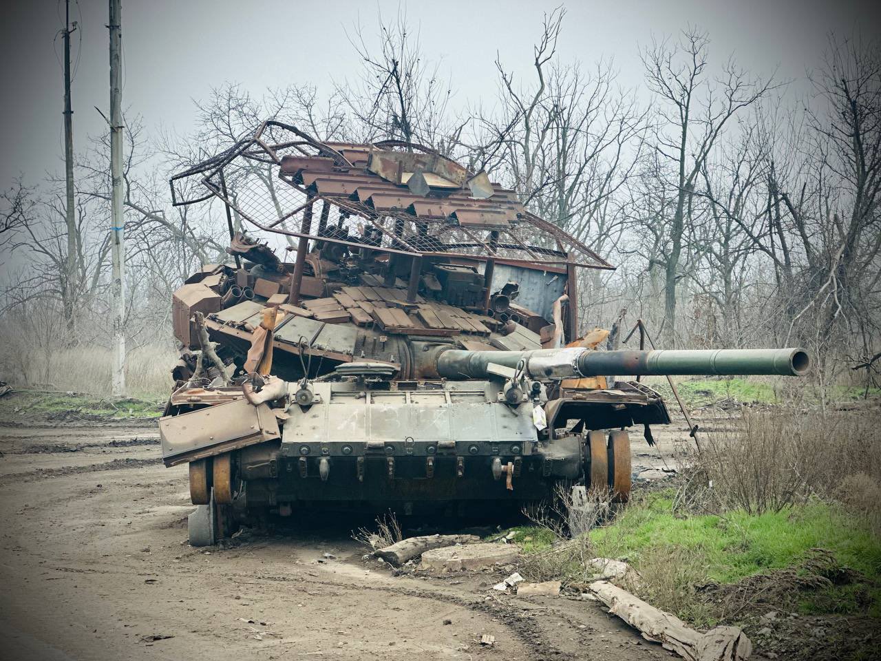 Destroyed Russian T-80BVM tank on the front