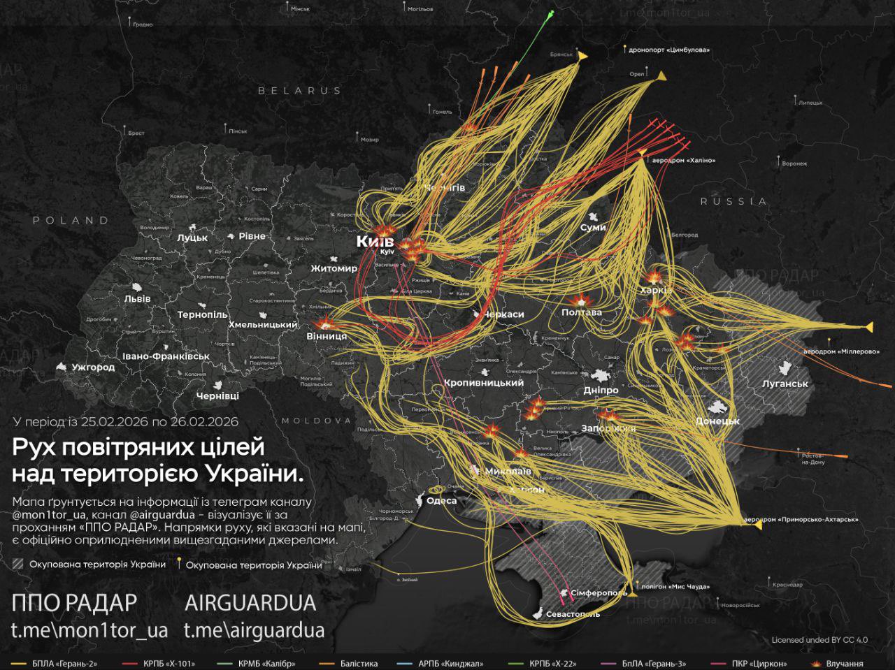 Indicative flight path of enemy missiles and UAVs over Ukraine at night