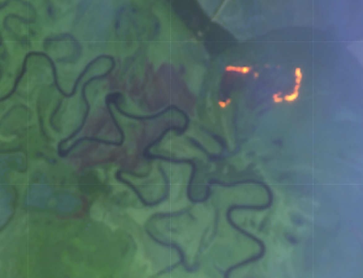 Large burning reed area north of pontoon, road nearby