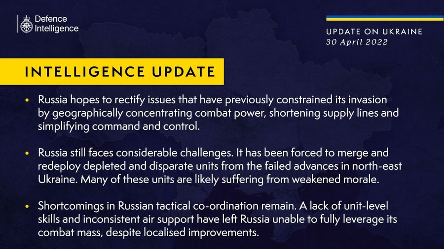 UK Defence Intelligence update on Ukraine – 30 April 2022