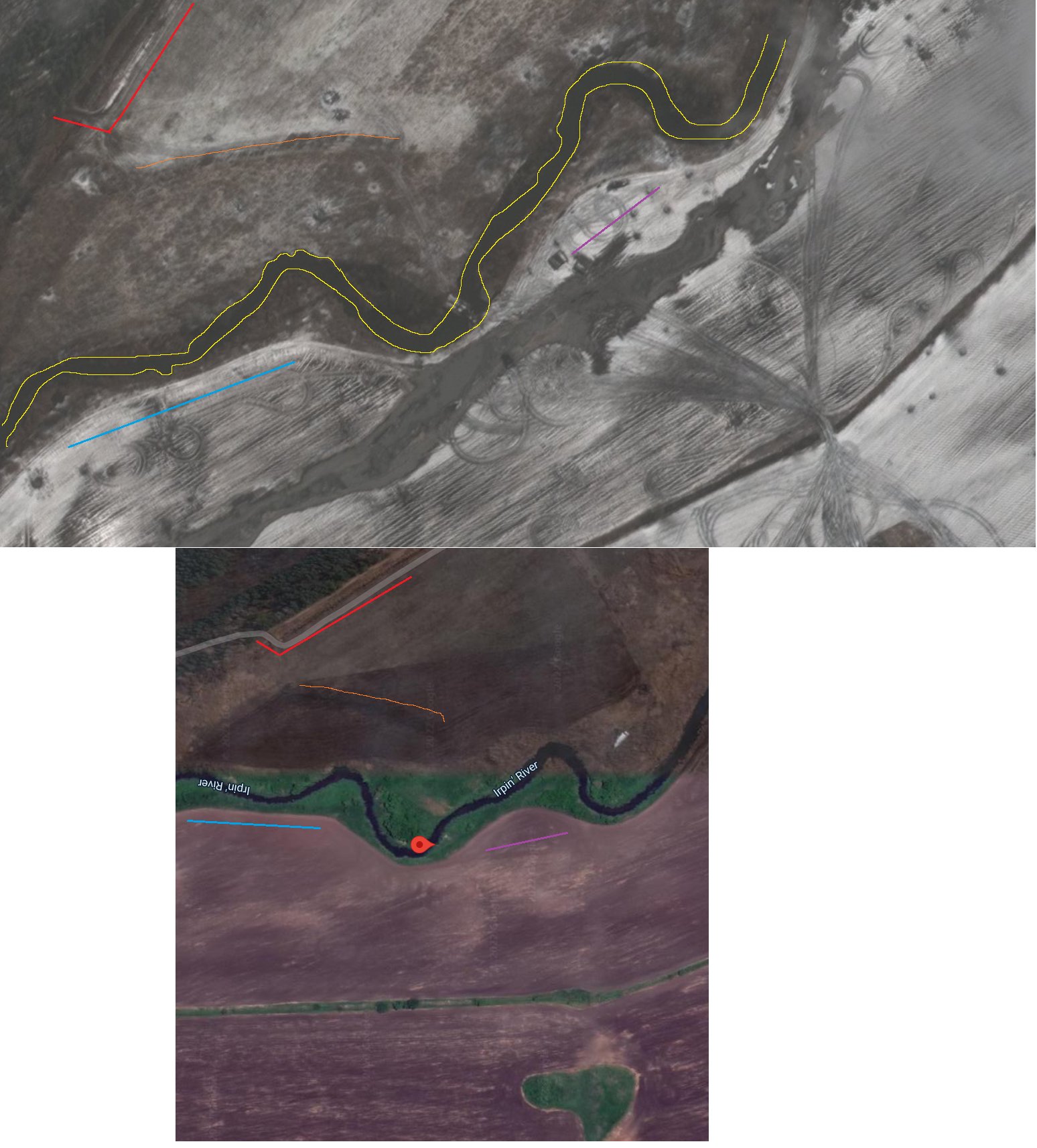 Destroyed pontoon bridge on the Irpin river – location