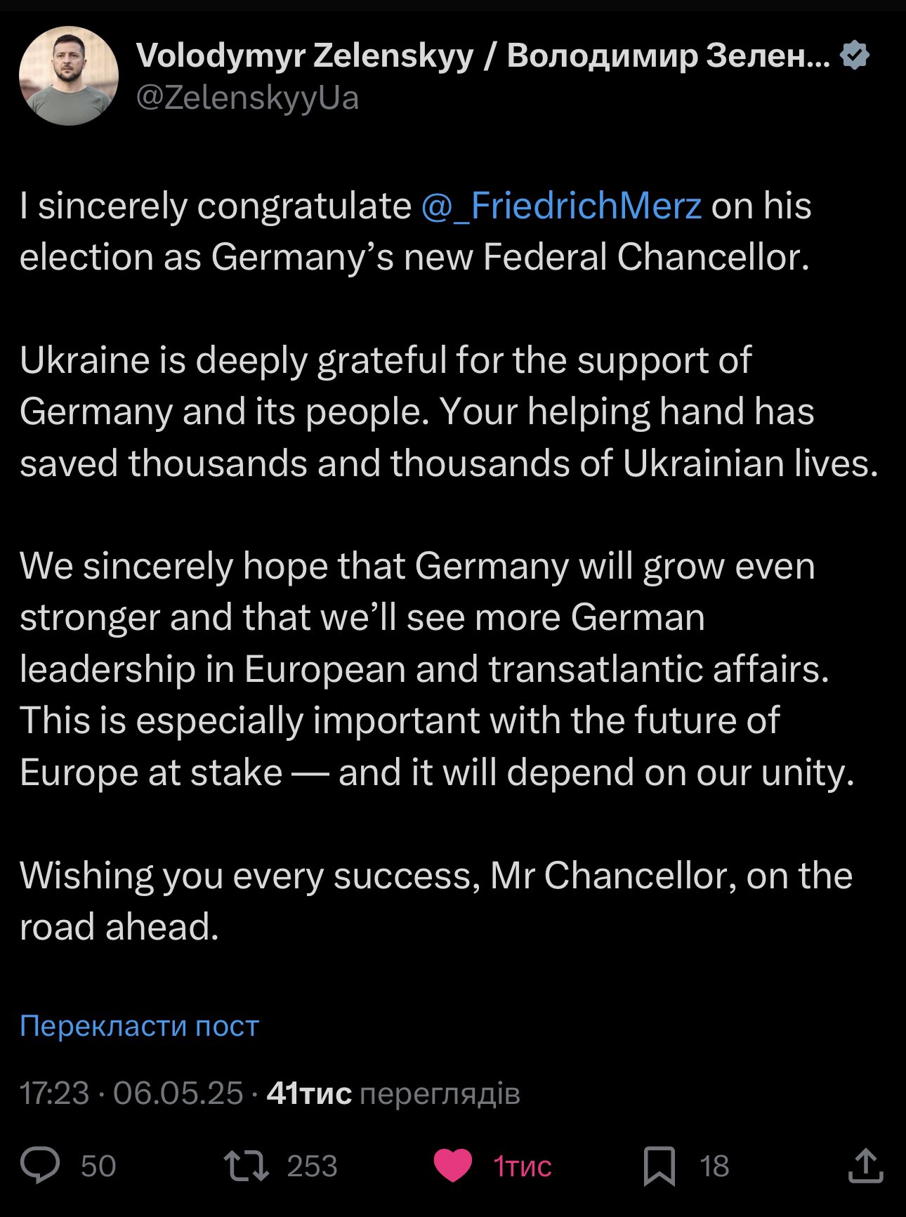 Zelensky congratulates Merz on becoming Chancellor