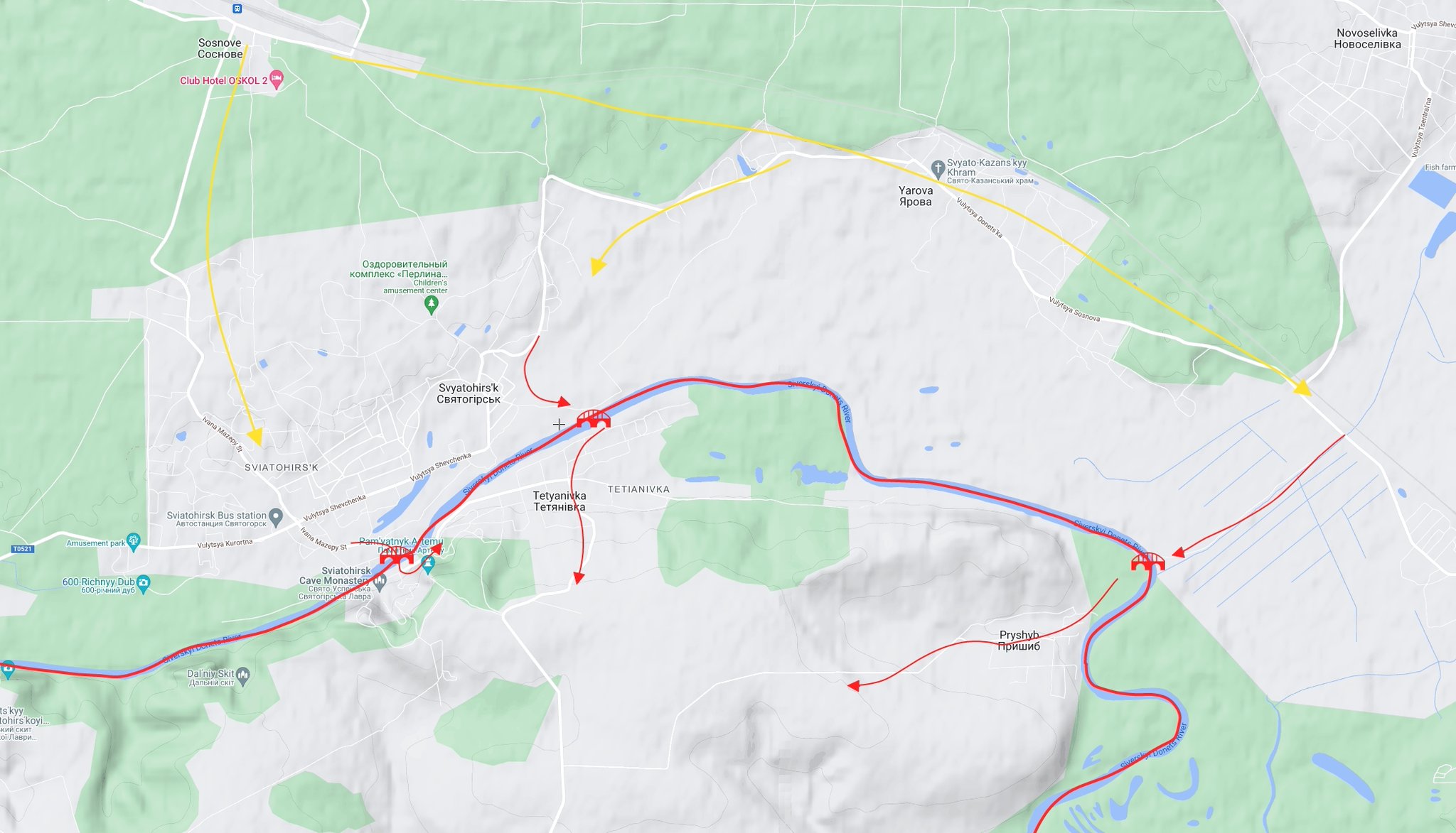 Russian forces need crossings at Pryshyb, Tetyanivka, and Sviatohirsk monastery bridge