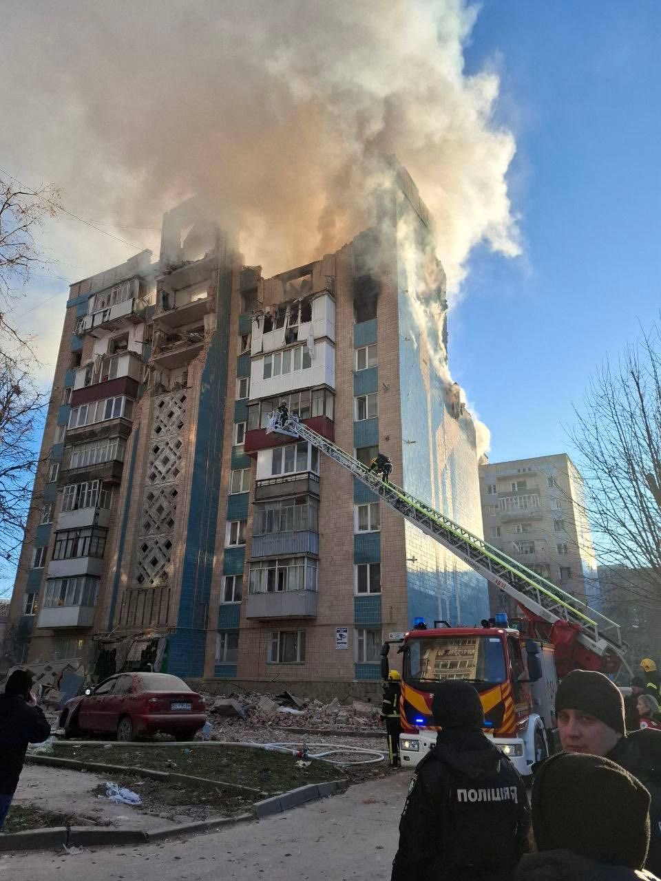 High-rise building destroyed by Russian rockets in Ternopil