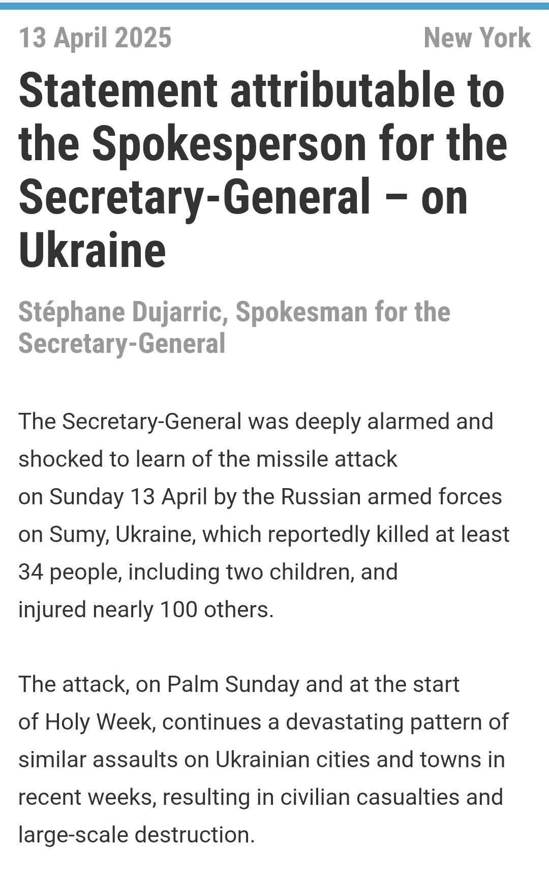 Guterres shocked by Russian attack on Sumy