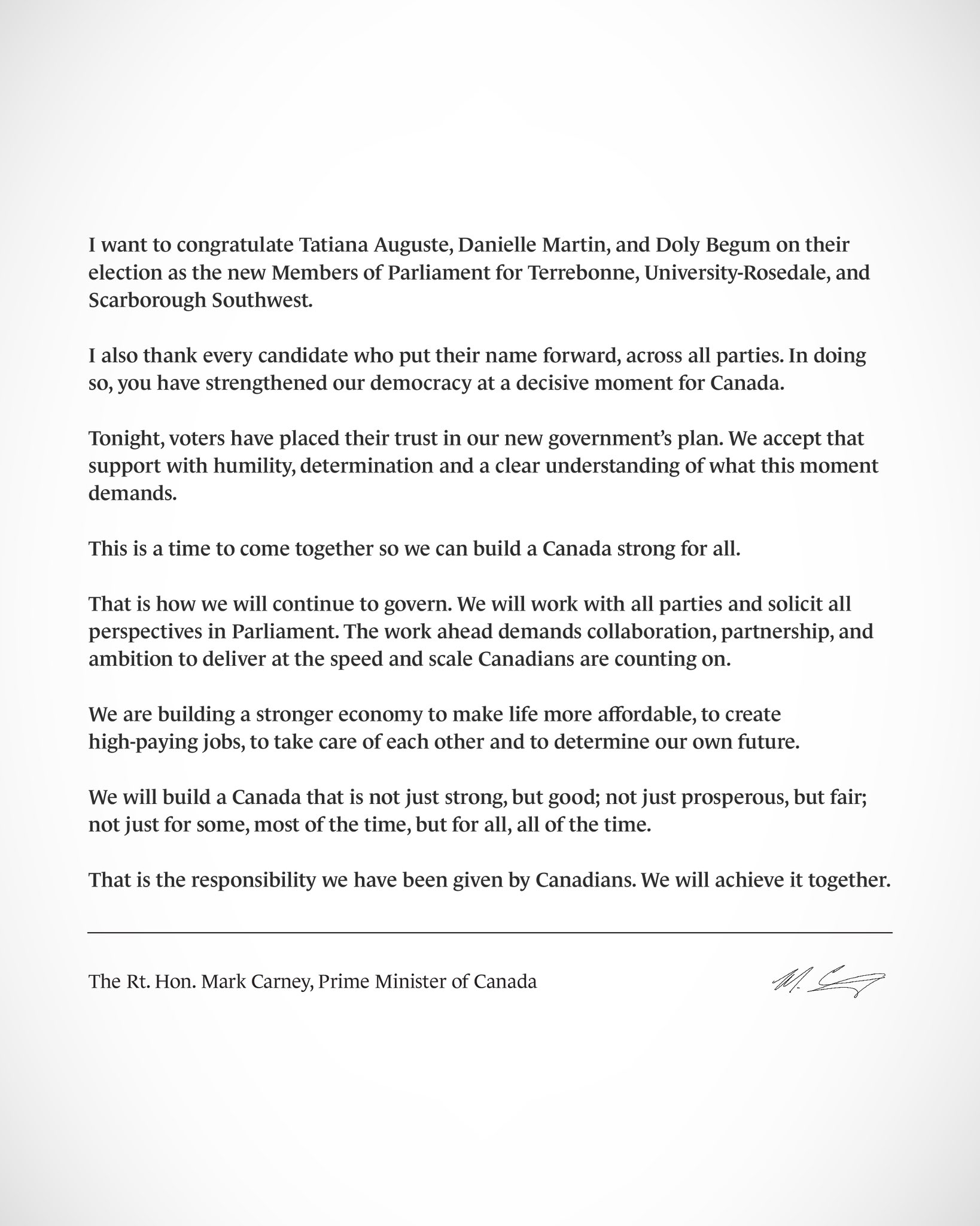 Statement on Canadian By-Elections in Three Ridings