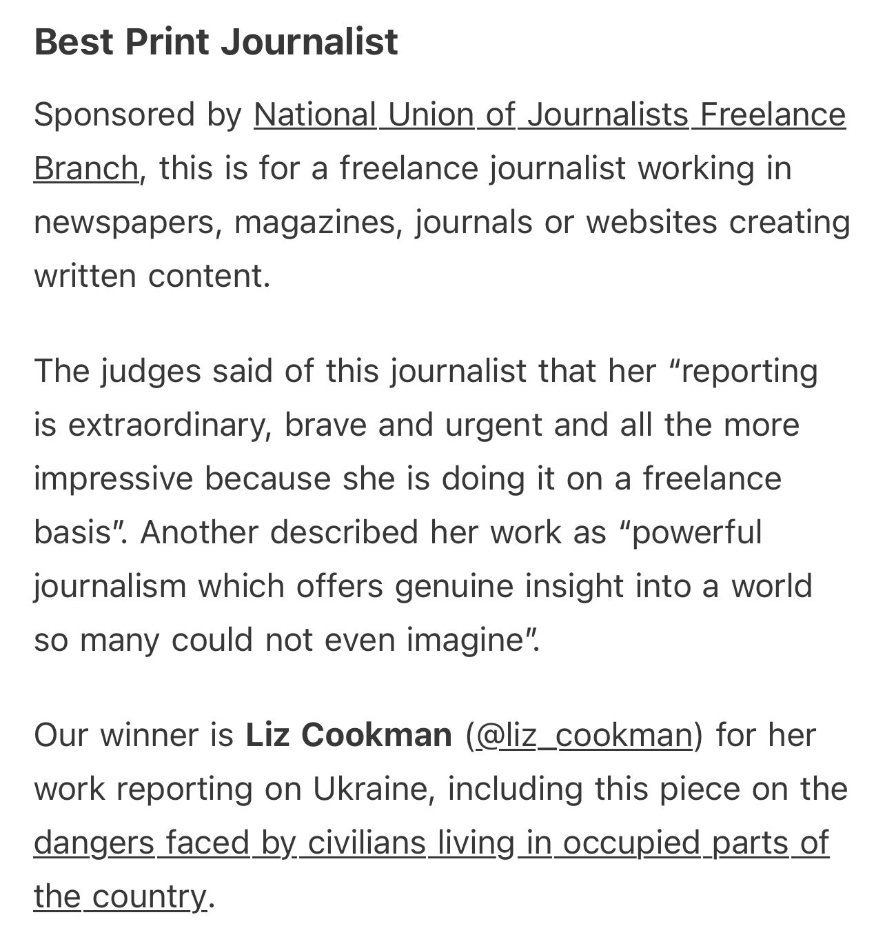 Liz Cookman wins two Freelance Journalism Awards for Ukraine coverage