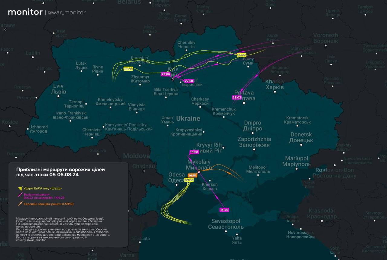 Approximate flight path of missiles and UAVs (night attack)