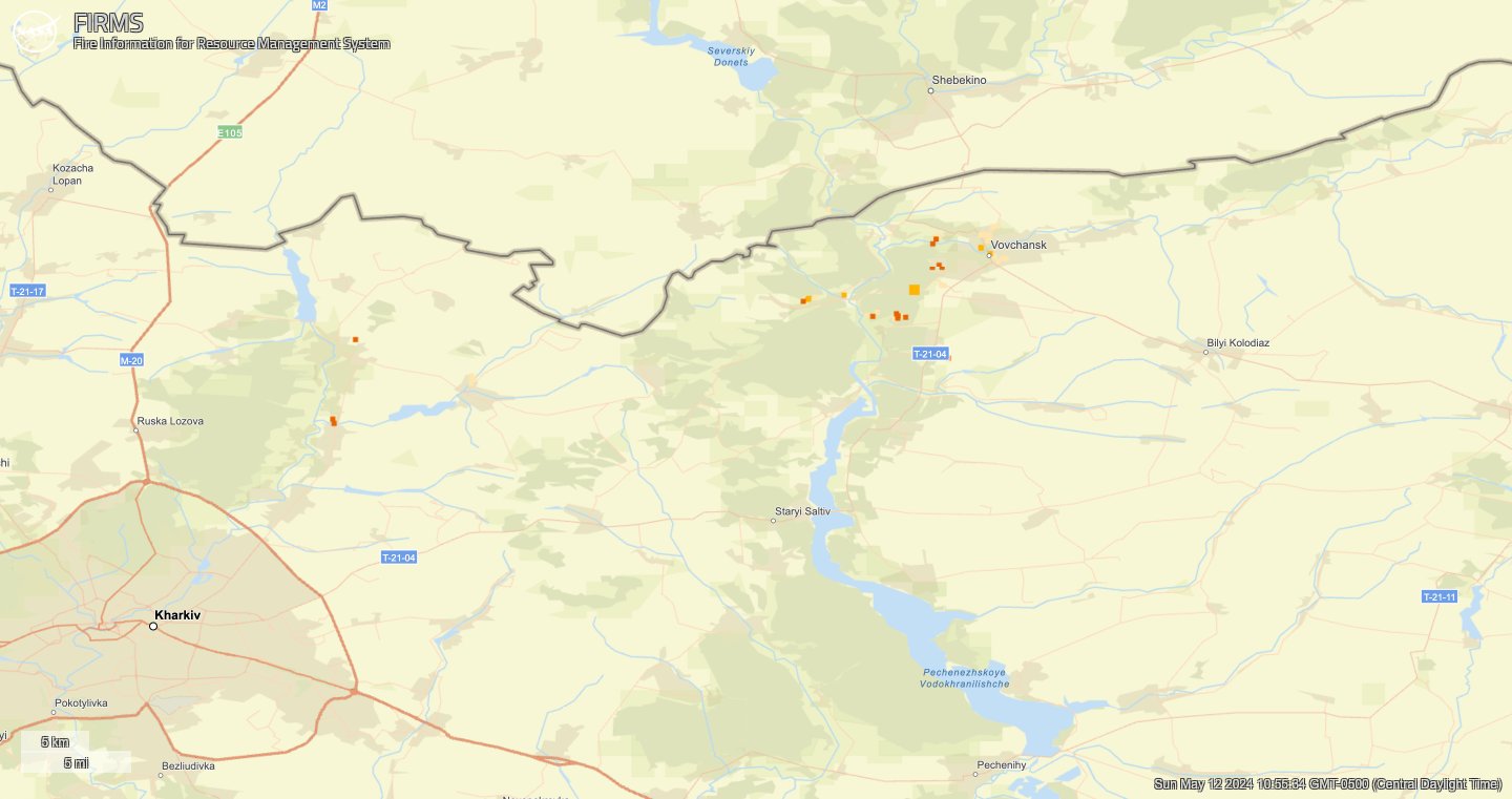 Russian offensive activity near Kharkiv detected via MODIS/VIIRS infrared sensors.