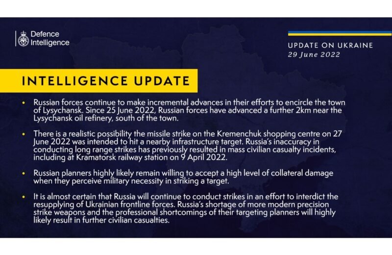 Ukraine Defence Intelligence Update – 29 June 2022