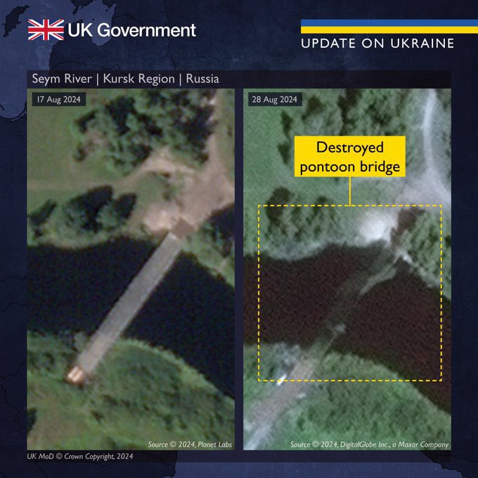 Britain publishes satellite images of destroyed Russian pontoon crossings on Seim River