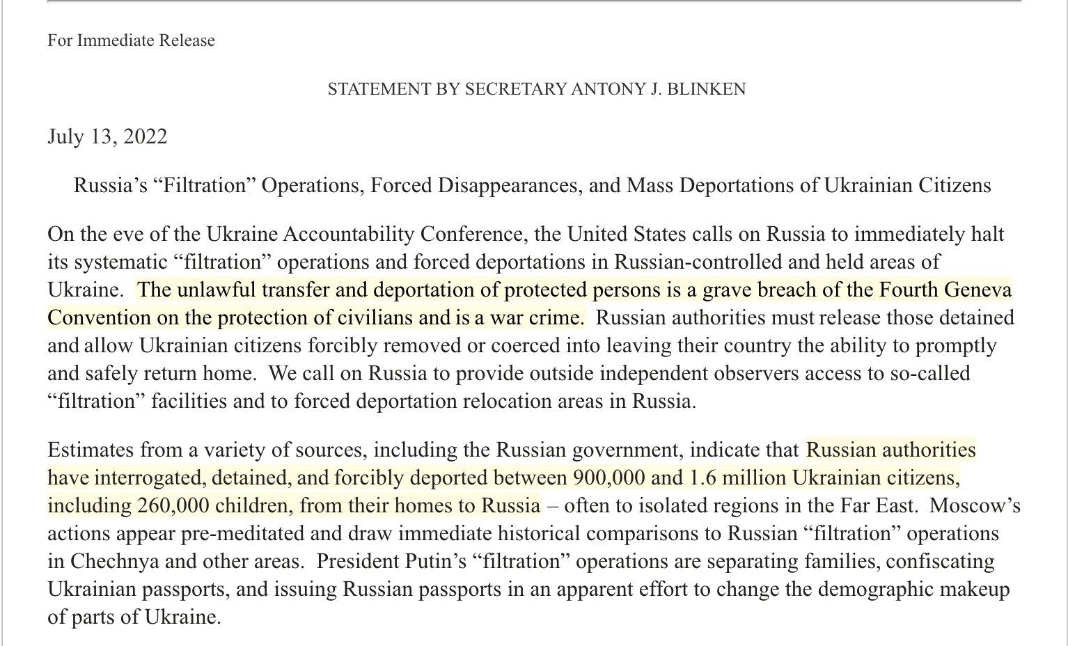 Filtration and forced deportations in Ukraine condemned as war crime