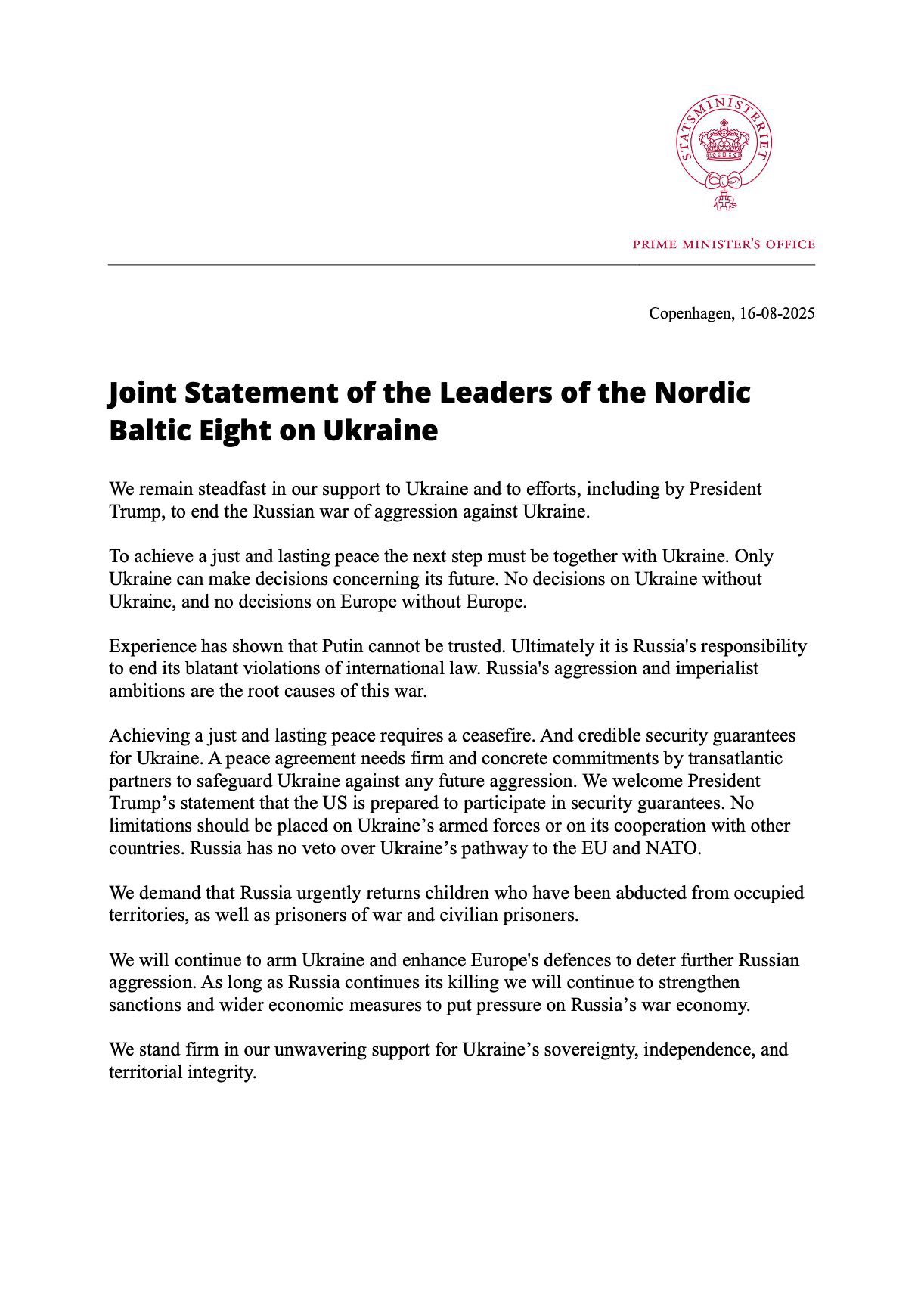 Nordic-Baltic leaders: Russia responsible for ending its violations of international law