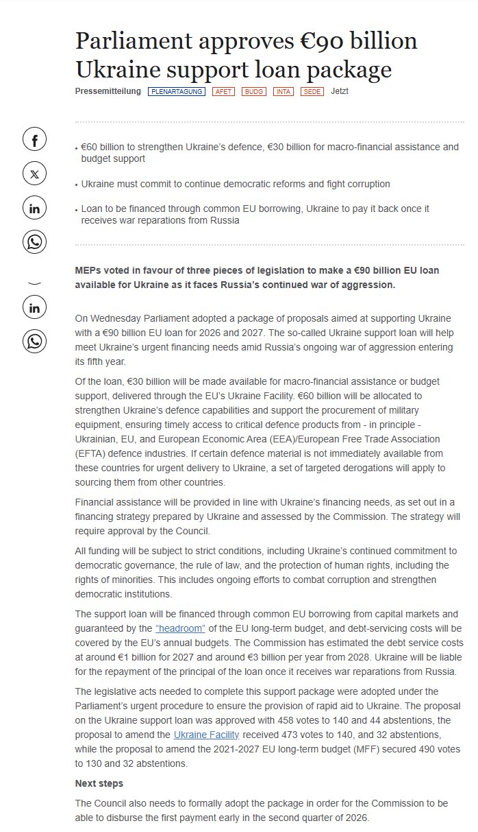 European Parliament approves €90bn loan for Ukraine