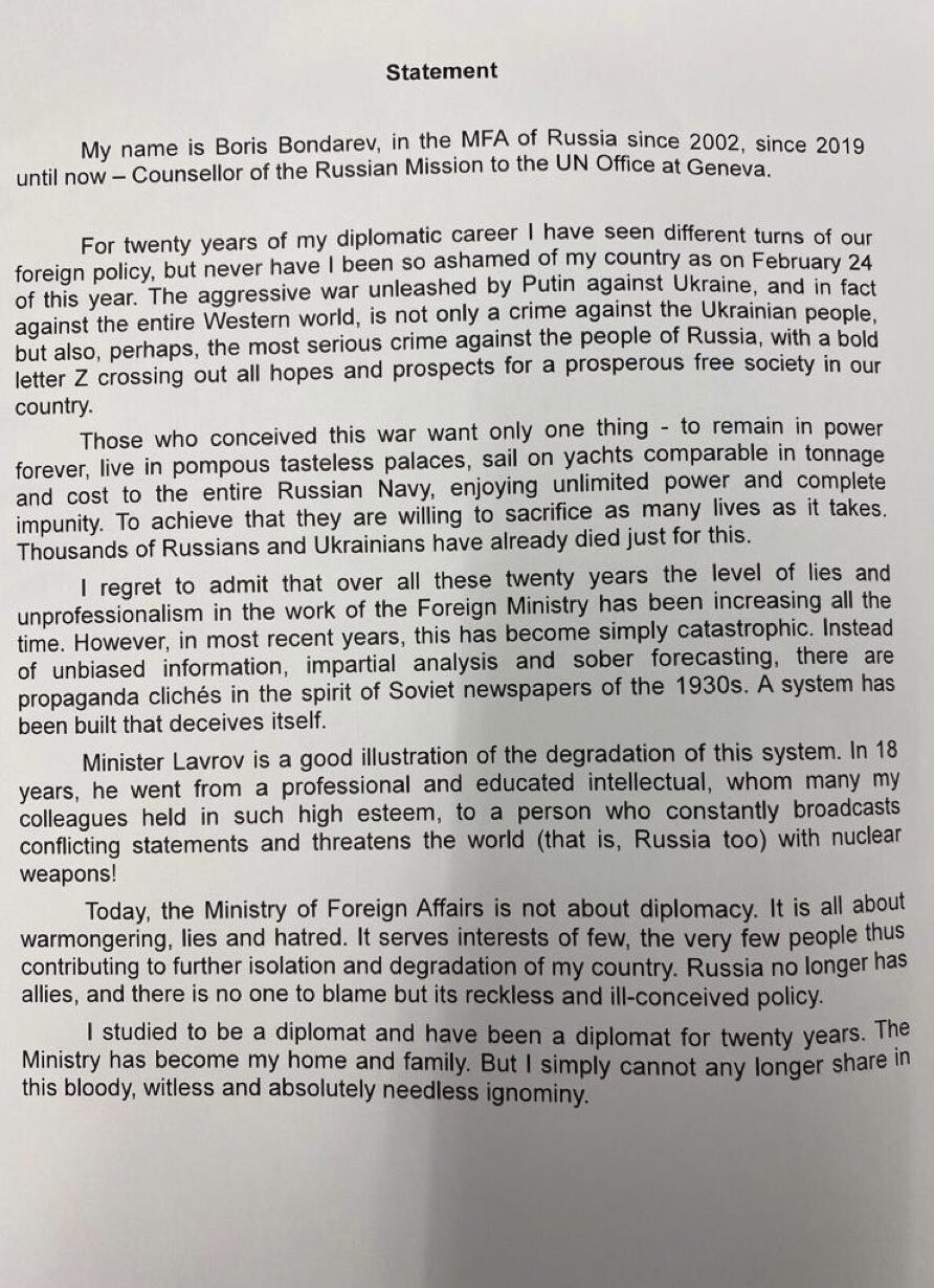 Russian UN diplomat resigns, calls Ukraine invasion a crime in letter to Putin
