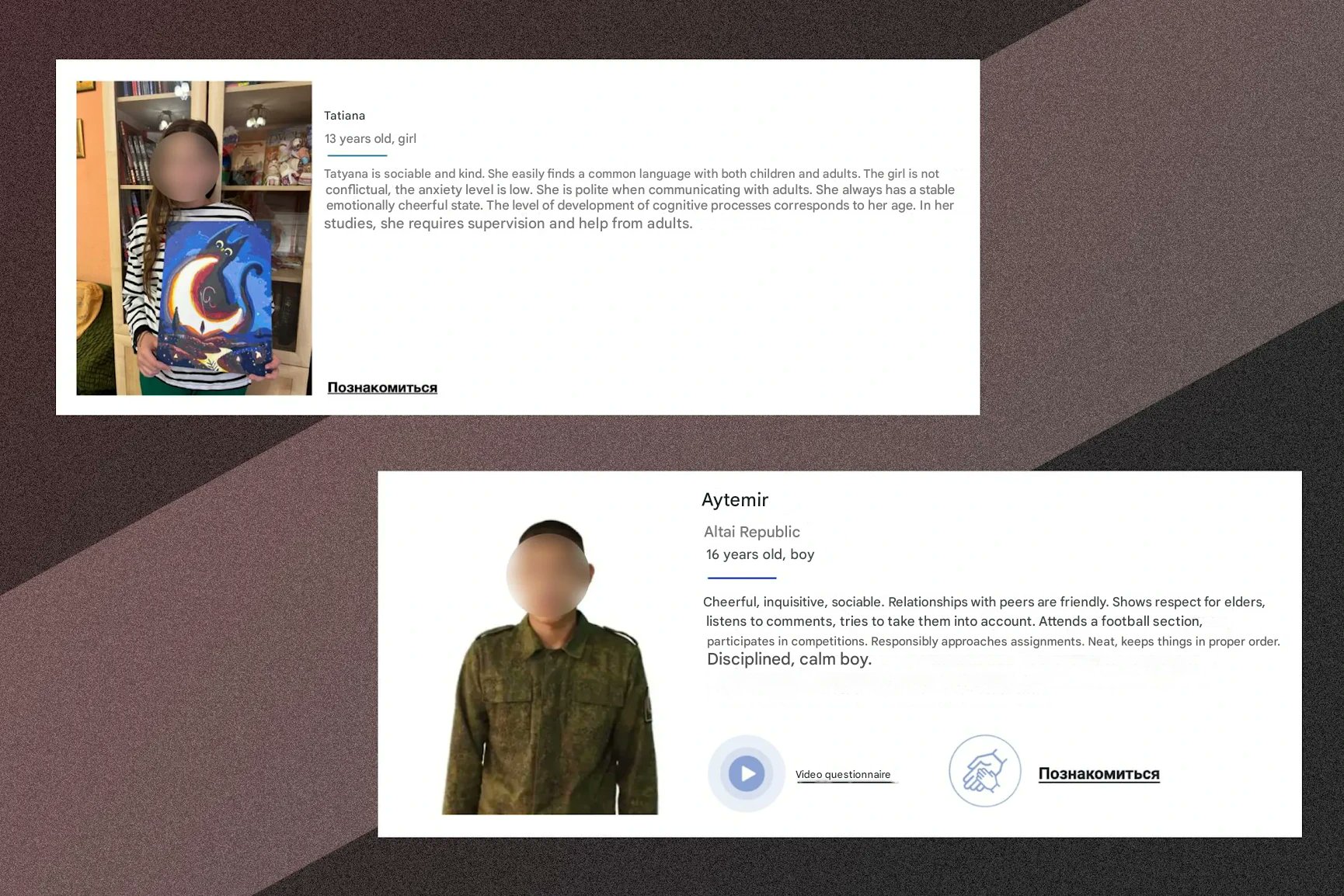 Child adoption databases sort children by traits and behavior, similar to Russian system.